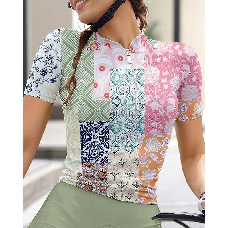 Women's Cycling Jersey Graphic Geometric Patchwork Short Sleeve Bike Jersey Top with 3 Rear Pockets Sunscreen UV Resistant Quick Dry Reflective Strips Sports Green Clothing Apparel3