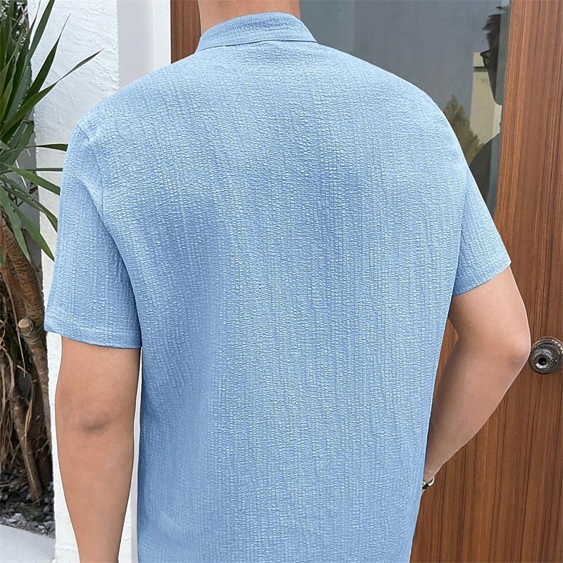 Men's Shirt Summer Shirt Casual Shirt Beach Shirt Button Up Shirt Black White Red Royal Blue Sky Blue Short Sleeve Plain Grandad Collar Standing Collar Vacation Hawaiian Clothing Apparel Polyester2