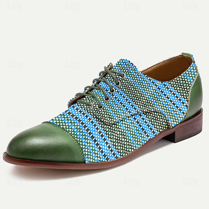 Men's Green and Blue Handwoven Oxford Shoes – Casual Artistic Lace-Up Shoes for Summer and Weekend Gatherings2