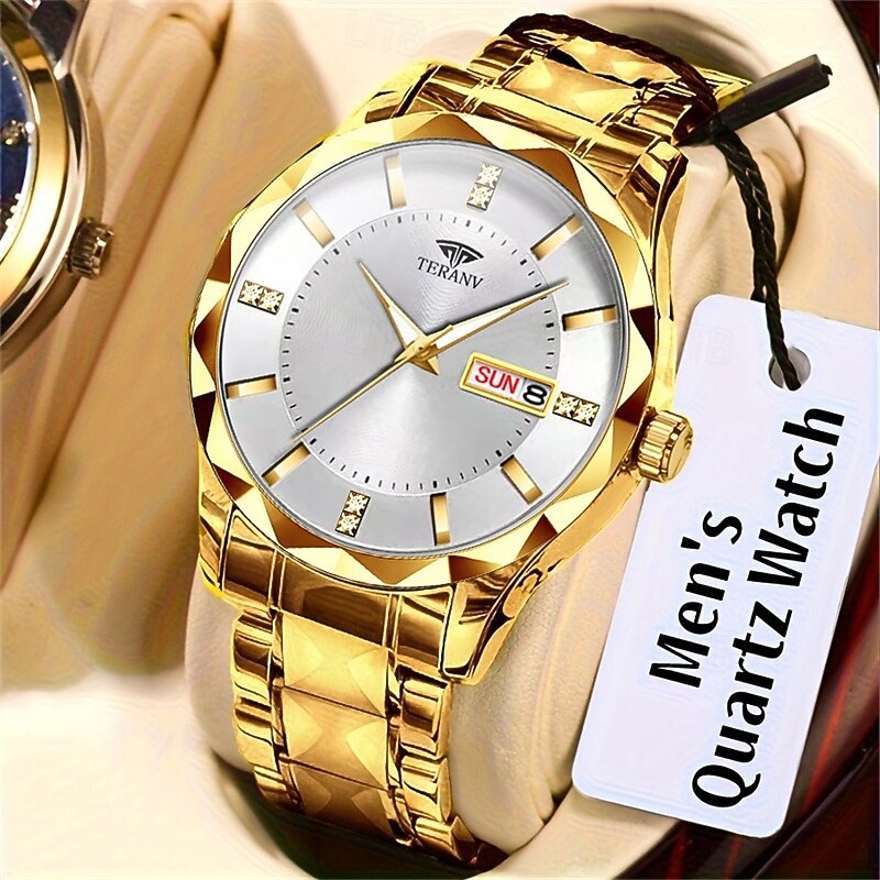 TERANV Brand Fashion Men's Quartz Watch with Rhombus Dial IPX7 Waterproof Dual Calendar Luminous Steel Strip Watch Business Watch2