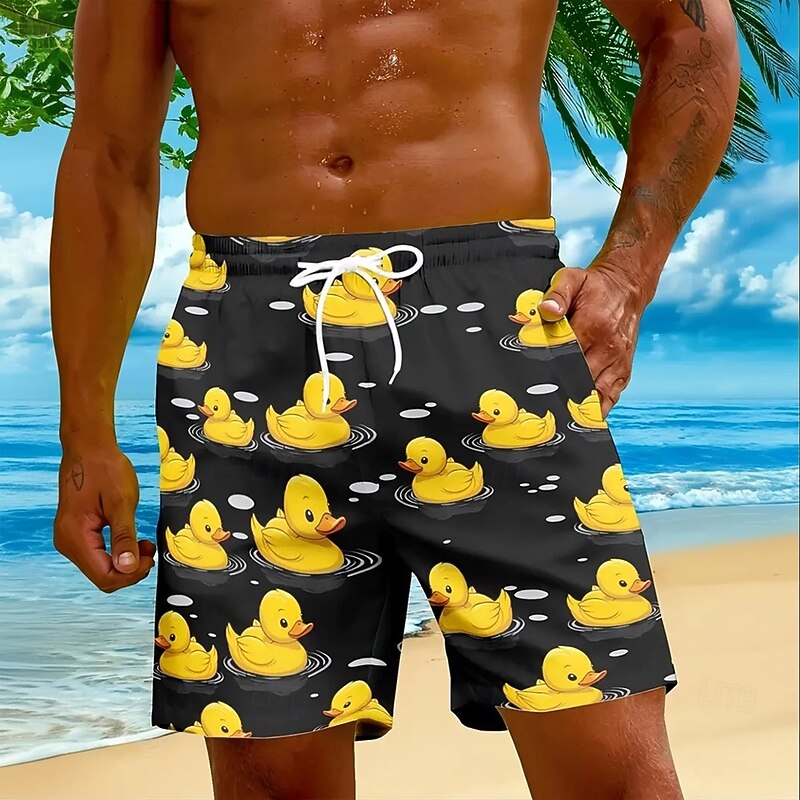 Men's Little Yellow Duck Funny Swim Trunks Swim Shorts Board Shorts Mid Waist Streetwear Hawaiian Beach Vacation Wear Side Pockets Mesh Lining Elastic Drawstring Waist Designer Clothing Apparel