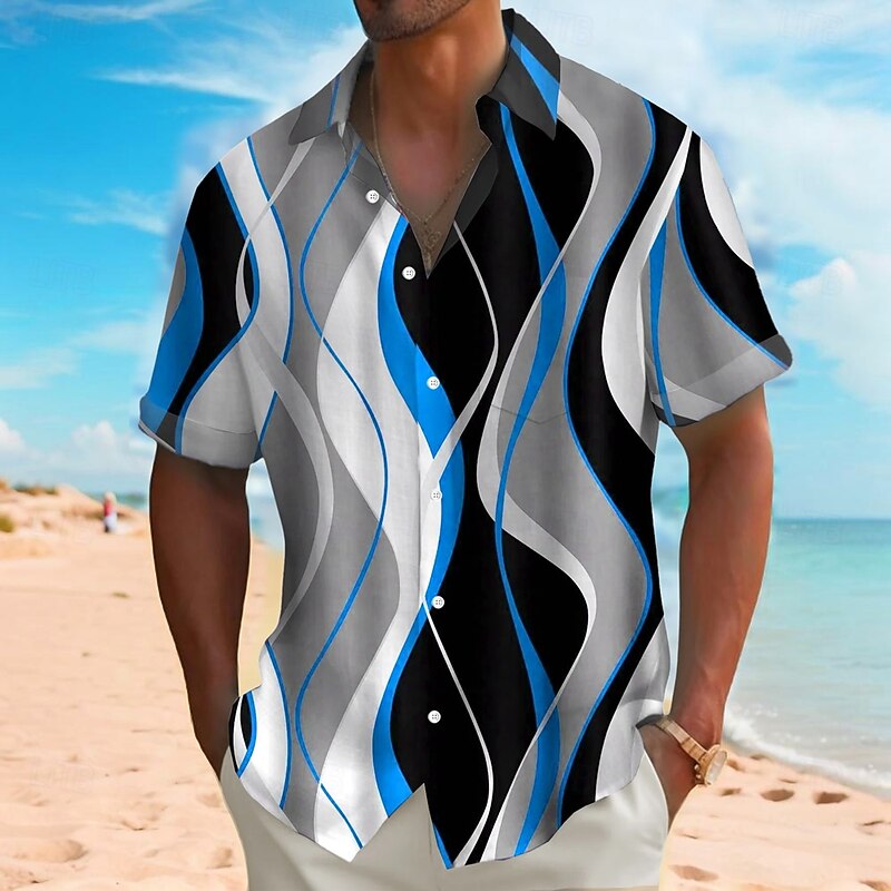 Men's Geometric Waves Abstract Art Shirt Summer Shirt Button Up Shirt Short Sleeve Fashion Casual Vacation Holiday Streetwear Summer Turndown 3D Print Front One Pocket Linen Like Shirt Red Blue Green2