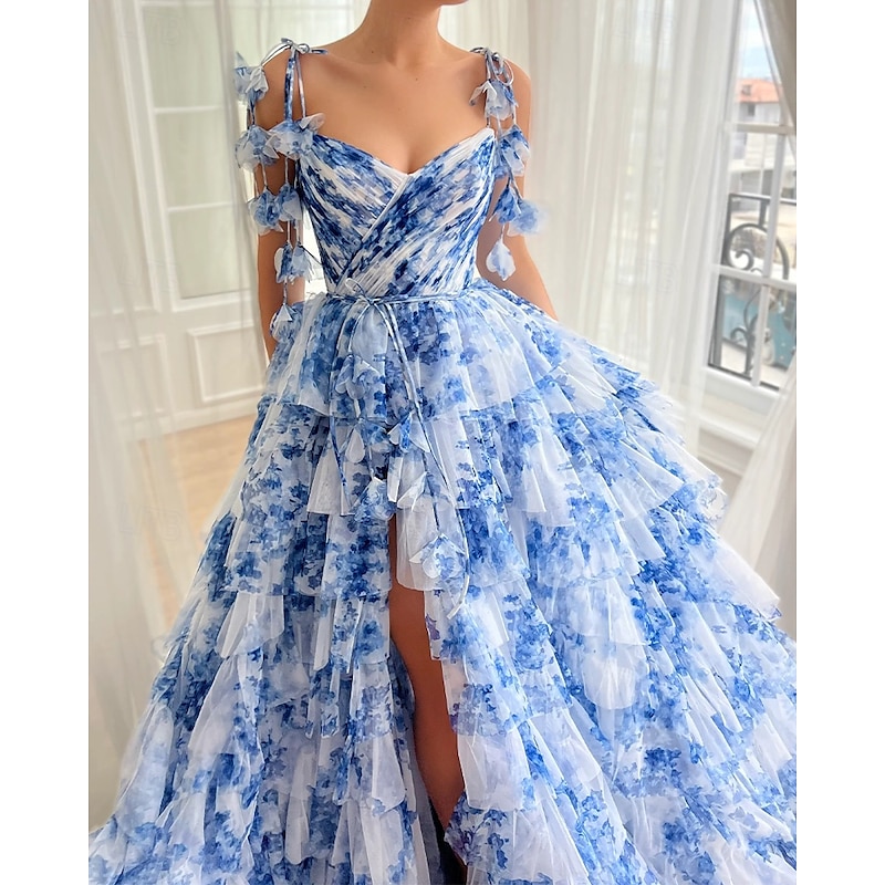 A-Line Prom Tiered Dresses Corsets Dress Semi Formal Wedding Floor Length Sleeveless Sweetheart Dress Organza Floral Print Ruched Details With High Slit Wedding Guest Dress2