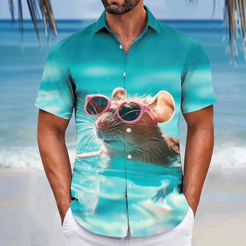 Men's Animal Funny Capybara Shirt Summer Hawaiian Shirt Button Up Shirt Short Sleeve Hawaiian Resort Vacation Holiday Beach Wear Summer Spring Turndown 3D Print Collared Shirts Blue Green