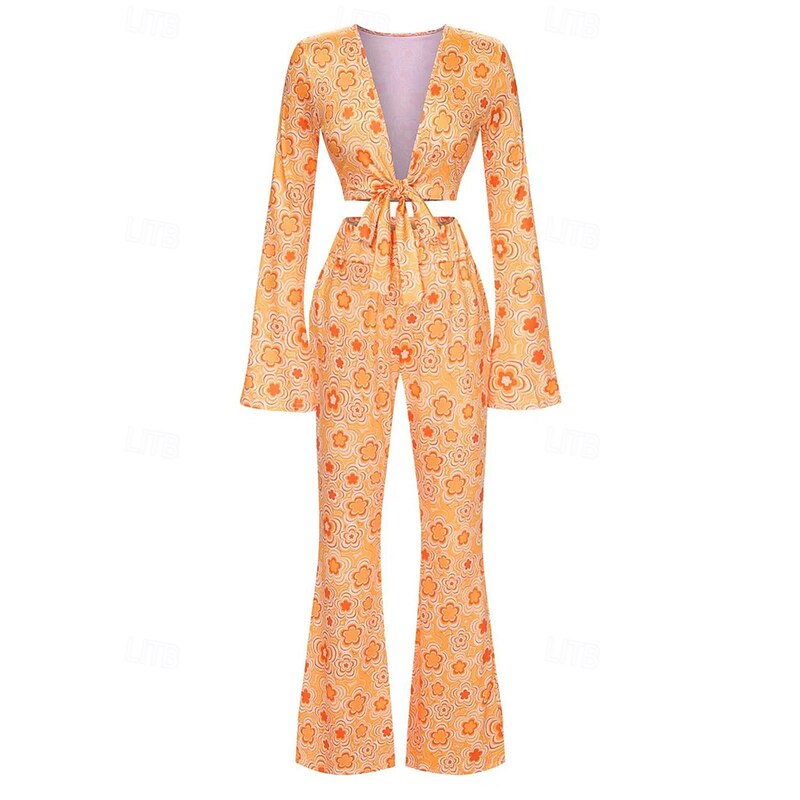 Retro Vintage 1970s Outfits Crop Top Bell Bottom Pants Hippie Bow Tie Floral Fancy Dress Women's Halloween Carnival Masquerade Party Daily Wear Adults' Top Pants Spring & Summer3