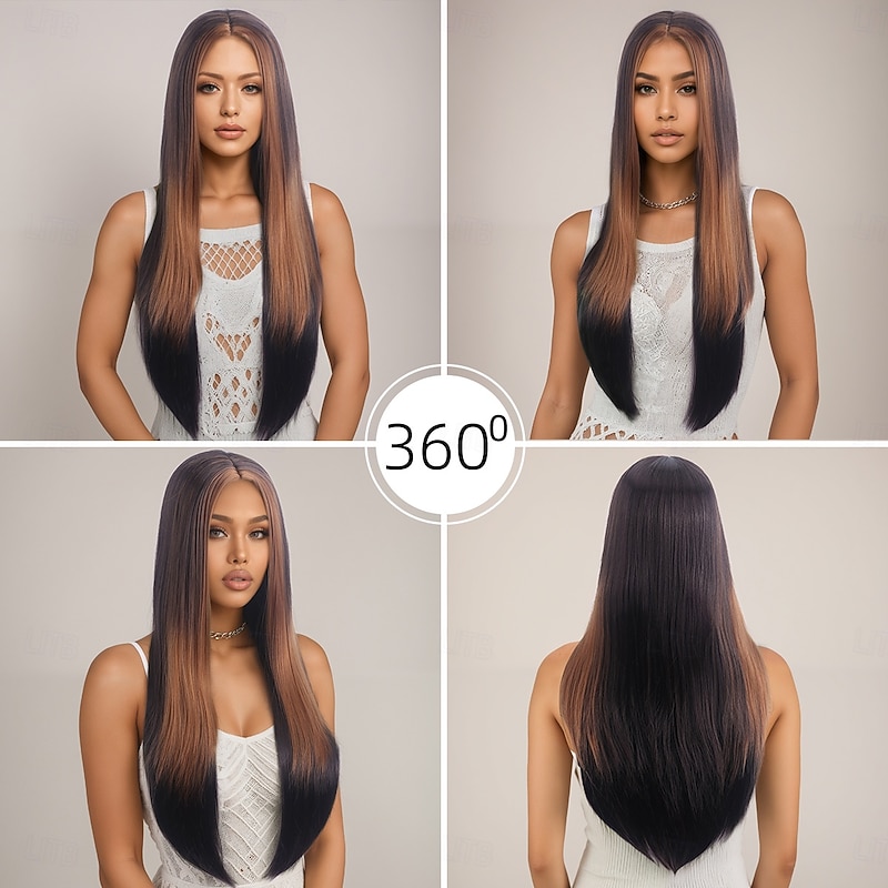 Synthetic Wig kinky Straight Natural Straight Layered Haircut Deep Parting Machine Made Wig 30 inch A1 Synthetic Hair Women's Classic Comfortable Ombre Hair Mixed Color3