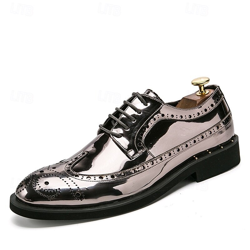 Men's Silver Metallic Oxford Brogue Shoes - Shiny Lace-Up Dress Shoes with Rugged Sole for Formal Events and Parties