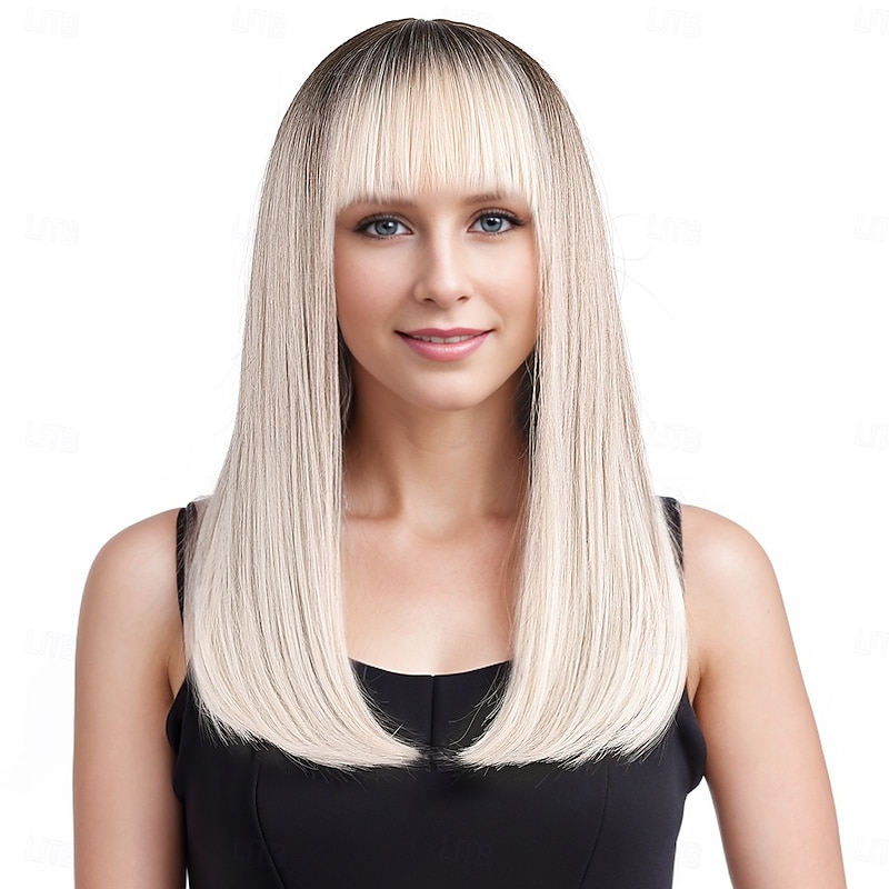 Synthetic Wig kinky Straight Natural Straight Layered Haircut Neat Bang Machine Made Wig 20 inch A1 Synthetic Hair Women's Classic Comfortable Color Gradient Gray