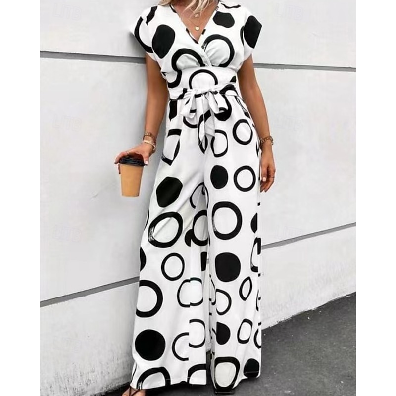 Women's Normal Jumpsuit Casual Geometric Sleeveless V Neck Print Going out Weekend Regular Fit Black White Summer