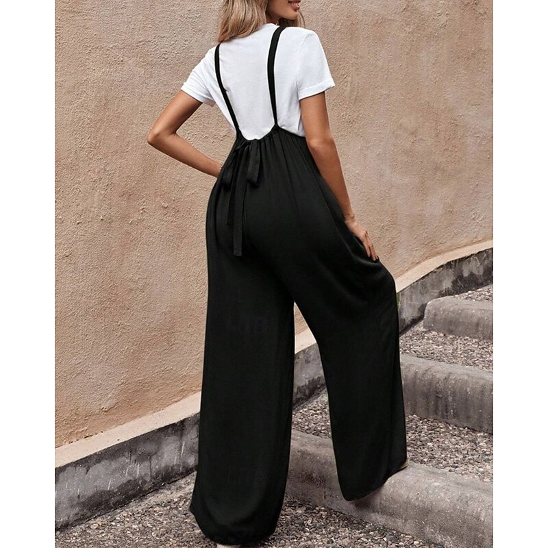 Women's Normal Jumpsuit Stylish Solid Color Sleeveless Wide Leg Drawstring Office Business Regular Fit Black Summer2