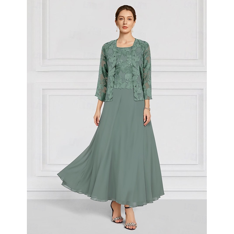 Two Piece Floral Dress Sets Mother of the Bride Elegant Crew Neck Ankle Length Chiffon Long Sleeve with Lace Embroidery2