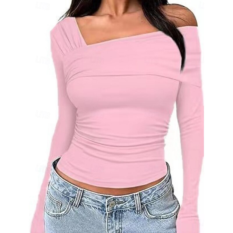 Women's Blouse Plain Modern Y2K Long Sleeve V Neck Regular Tops Daily Holiday Ruched Black White Pink Camel Brown Summer4