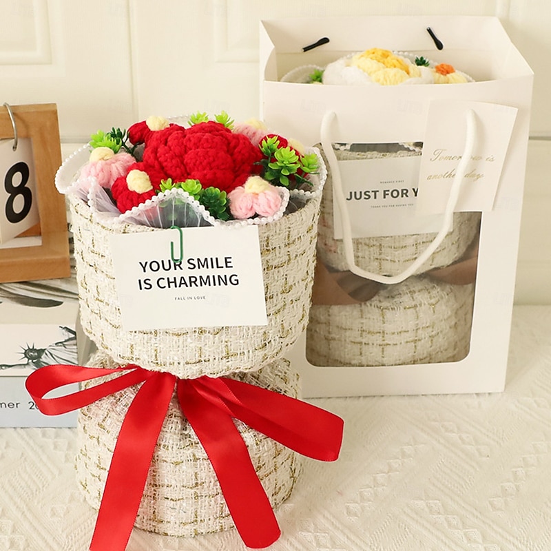 Crochet Flowers Bouquet Gift for Mom, Wife, Girlfriend – Handmade Yarn Flower Keepsake for Mother's Day, Valentine's, Graduation, Christmas, Anniversary, Birthday, Romantic Surprise