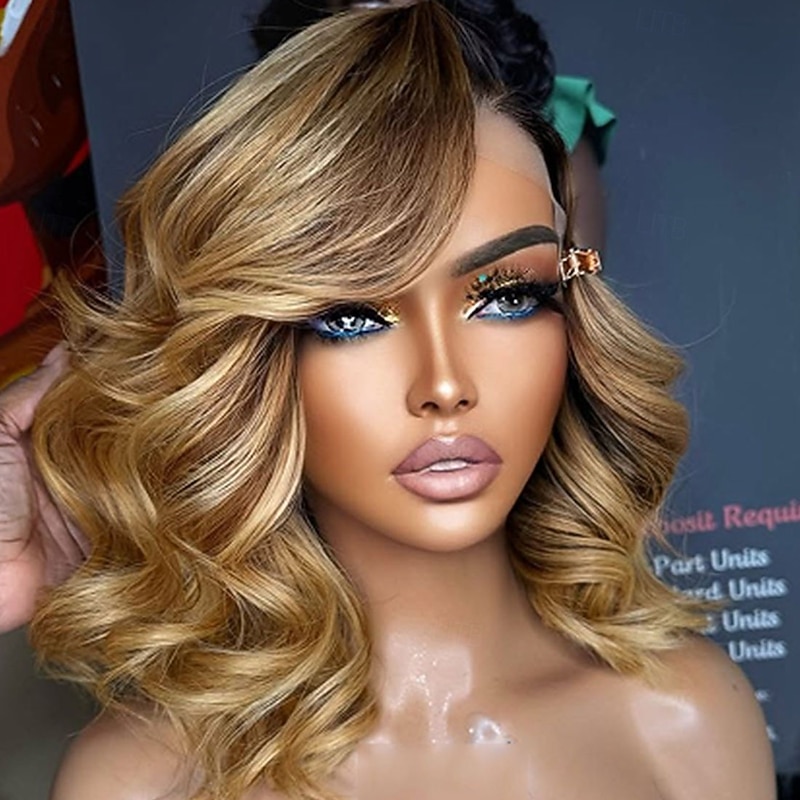 Remy Human Hair 5x5 Closure 13x4 Lace Front Wig Short Bob Brazilian Hair Loose Wave Multi-color Wig 130% 150% Density Highlighted / Balayage Hair Natural Hairline 100% Virgin Glueless Pre-Plucked For2