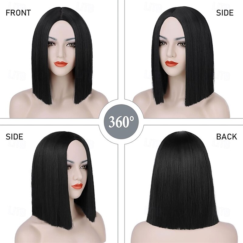 Black Bob Wigs for Women Short Straight Bob Without Bangs Middle Part Shoulder Length Heat Synthetic Wigs for Daily Party Cosplay Halloween Use3