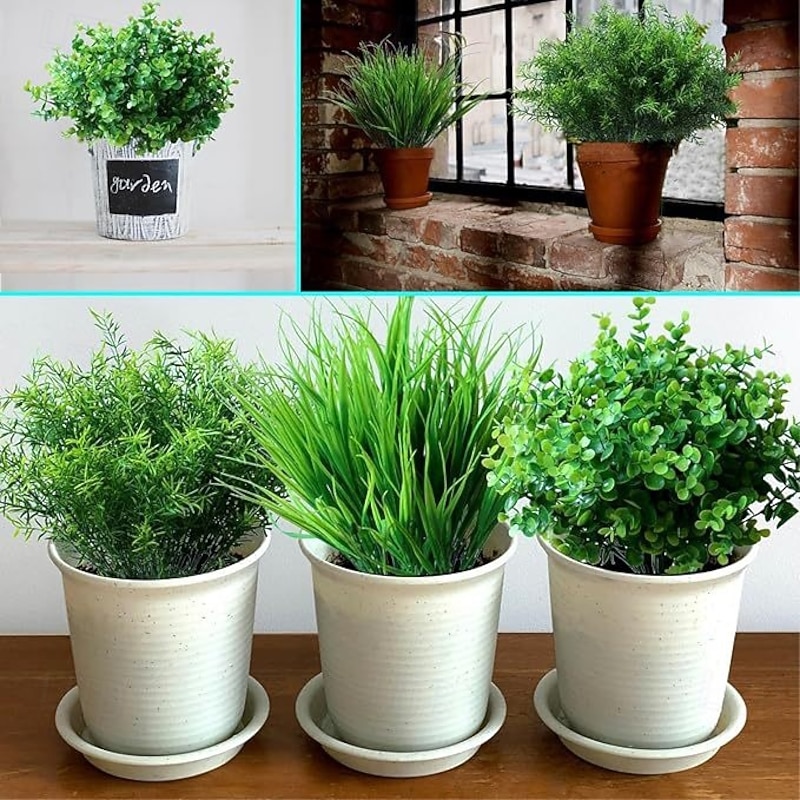 19pcs Artificial Fake Flowers Eucalyptus Greenery Plants, Indoor Outdoor Garden Decor, Small Spring Grass Arrangement, Faux Green Plants for Home Patio Yard Decoration2