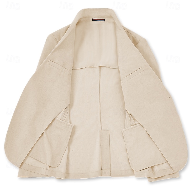 Men's Beach Wedding Linen Suits Khaki Lightweight Casual Solid Colored Standard Fit 2 Piece Single Breasted Two-buttons3