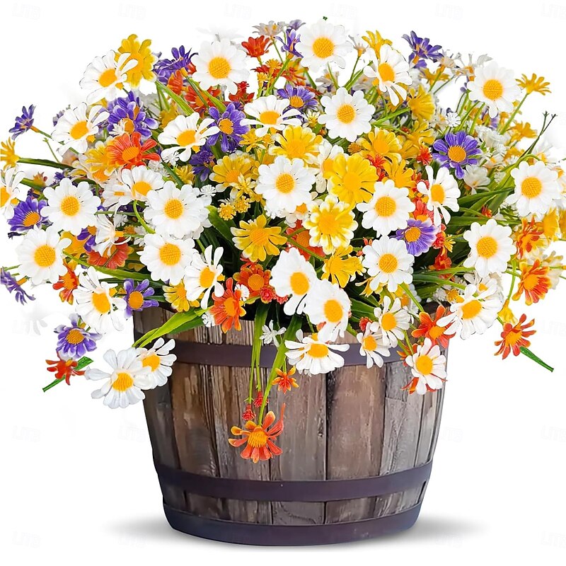 8 Bundles Artificial Daisy Flowers for Outdoors Summer Decor UV Resistant Faux Cemetery Flowers Plastic Greenery Shrub Fake Artificial Plants Outside Home Gardens Porch Planter Indoor Spring