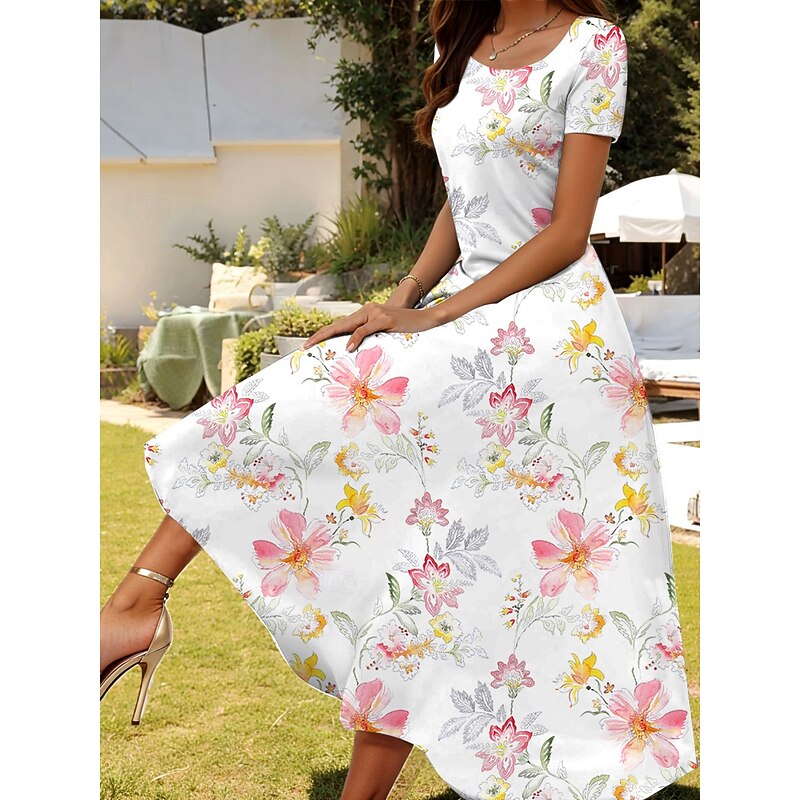 Women's Maxi Dress Casual Dress A Line Dress Summer Dress Elegant Vacation Casual Regular Fit Floral Graphic Short Sleeve Square Neck White Pink Blue Summer3