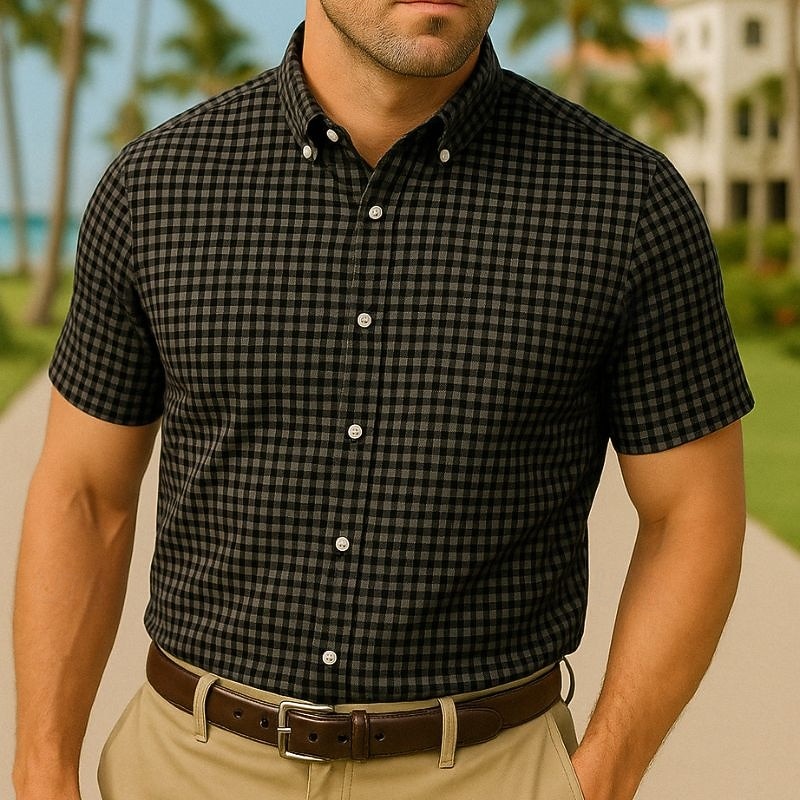 Men's Summer Shirt Casual Shirt Beach Shirt Button Up Shirt Black Pink Dark Navy Short Sleeve Plaid / Check Lapel Vacation Hawaiian Button-Down Clothing Apparel Polyester Fashion Casual Comfortable3