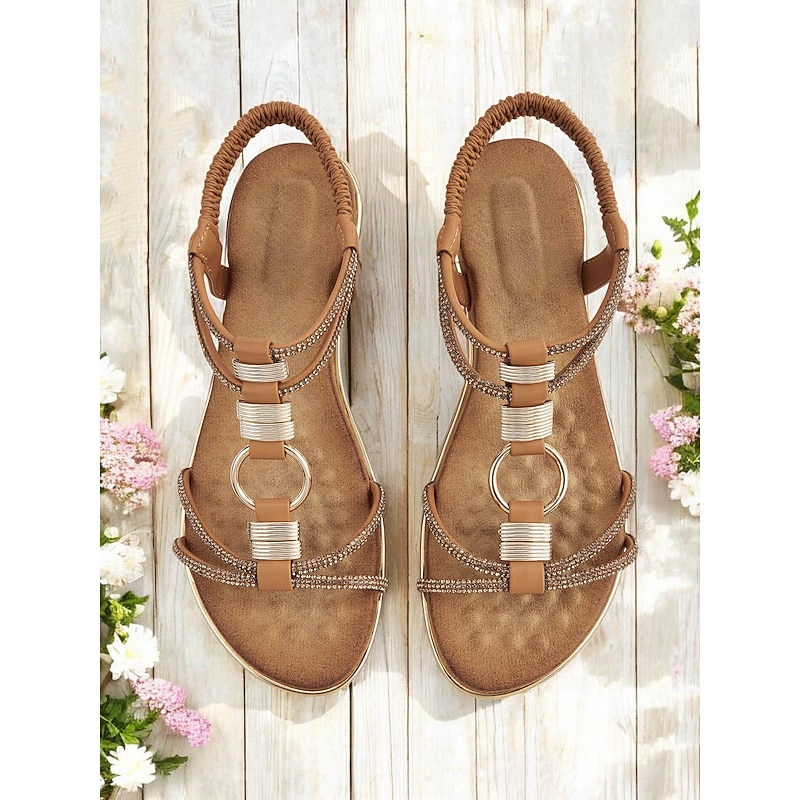 Women's Tan Gladiator Flat Sandals with Gold Circle Accents and Rhinestone Detailing, Bohemian Style, Perfect for Casual Summer Outings and Beachwear4