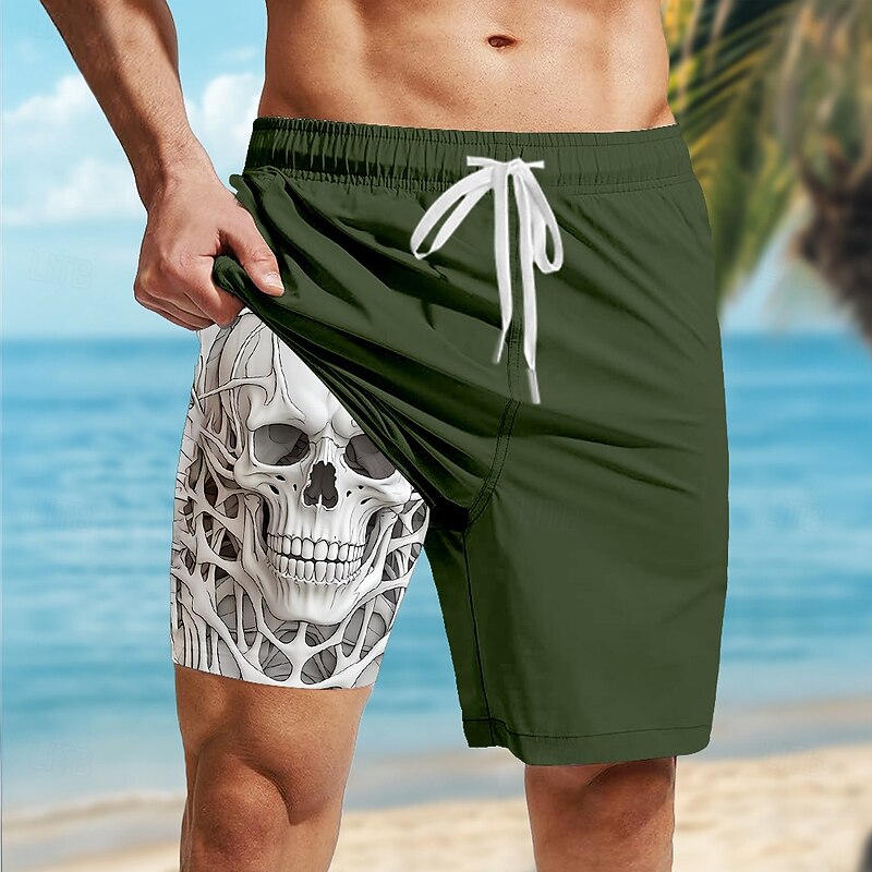 Men's Skull Lined Shorts 2 in 1 Board Shorts Swim Shorts Mid Waist Hawaiian Casual Vacation Holiday Beach Wear Side Pockets Color Block With Compression Liner Designer Clothing Apparel3