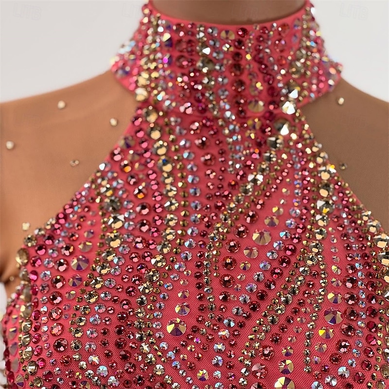 Figure Skating Dress Women's Girls' Ice Skating Dress Red Thumbhole Asymmetric Hem Mesh High Elasticity Training Competition Skating Wear Classic Crystal / Rhinestone Long Sleeve Ice Skating Figure2