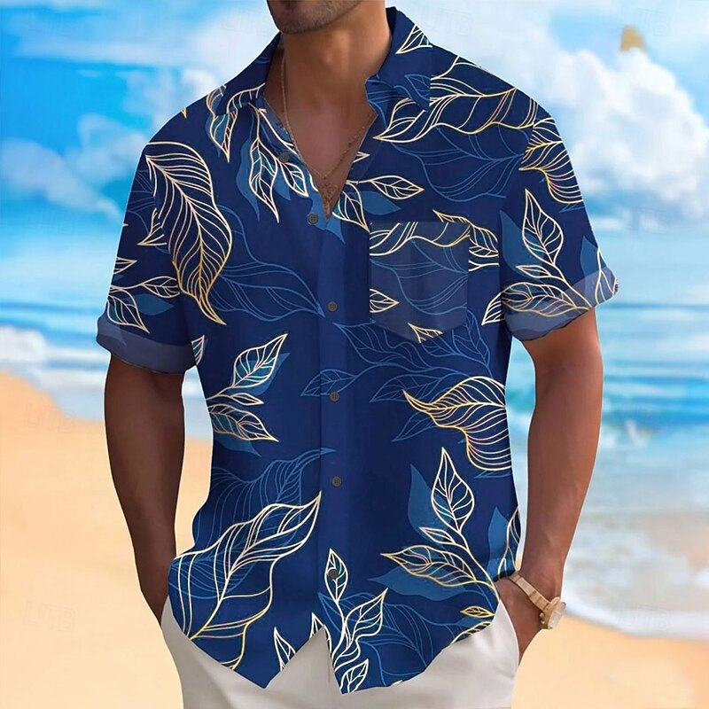 Men's Palm Leaf Tropical Plants Shirt Summer Hawaiian Shirt Button Up Shirt Short Sleeve Hawaiian Vacation Holiday Beach Wear Summer Spring Turndown 3D Print Collared Shirts Front One Pocket Dark Blue