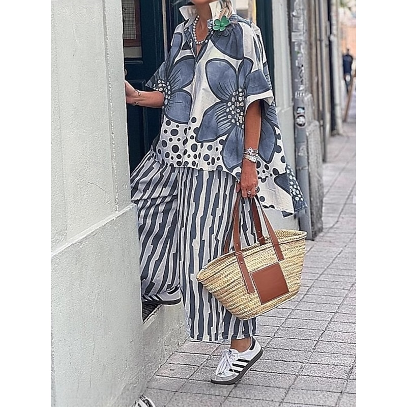 Women's EU / US Size Matching Sets Half Sleeve Bell Sleeve V Neck Printing Print Going out Casual Daily Red Blue Purple Summer Loose Fit4