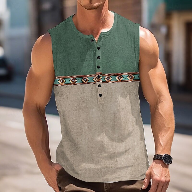 Men's Color Block Vintage Tank Top Henley Shirt Sleeveless Vintage Fashion Designer Outdoor Casual Daily Summer Spring &  Fall Dark Brown Blue Green Henley Henley T-Shirt