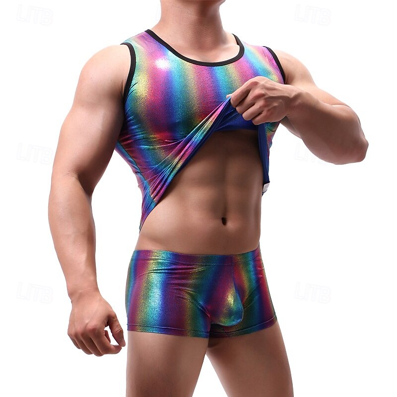 Retro Vintage 1980s Tank Top Singlet Disco Shiny Latex Patent Metallic Rainbow Fancy Dress Men's Halloween Carnival Pride Parade Pride Month Adults' Vest All Seasons2