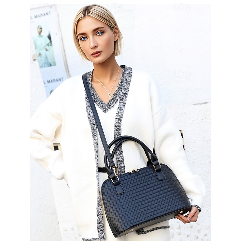 Women's 3-Piece Brown Woven Faux Leather Handbag Set – Elegant Tote, Crossbody Bag, and Wallet for Work, Travel, and Daily Use Black White Pink3