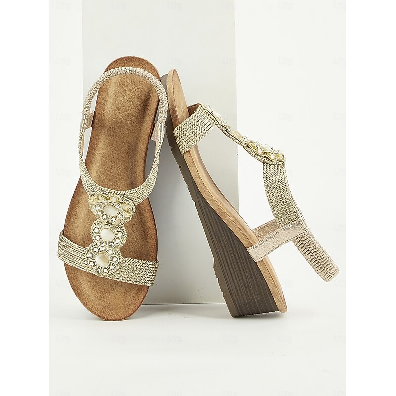 Women's Gold Floral Beaded Flat Sandals – Boho Elastic Back Beach Shoes for Summer & Resort Wear2