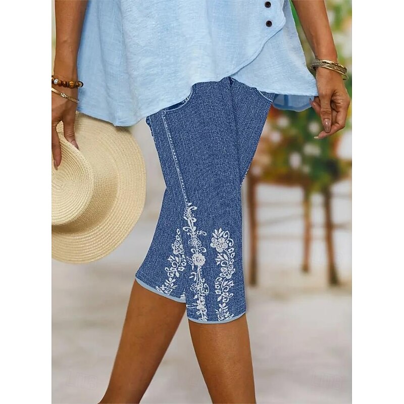 Women's Leggings Capri Pants High Elasticity Vacation Vintage Fashion Calf-Length Mid Waist Floral Graphic Printing Breathable Soft Stretchy Vacation Casual Daily Robin's Egg Blue Summer Spring2