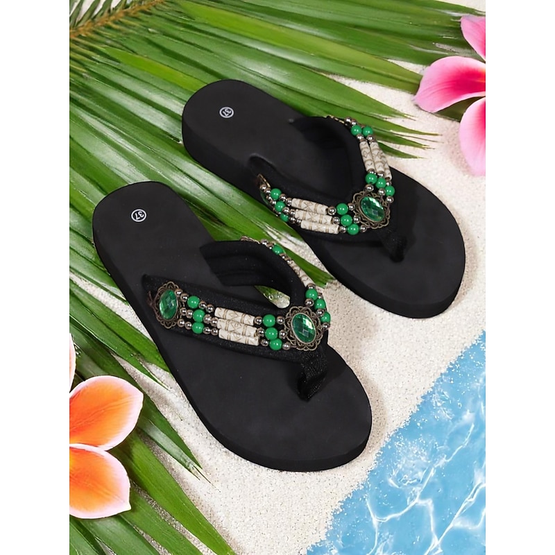 Women's Bohemian Beaded Flip Flop Sandals – Gemstone Embellished Platform Thongs for Beach Vacations, Summer Outings, and Casual Wear2