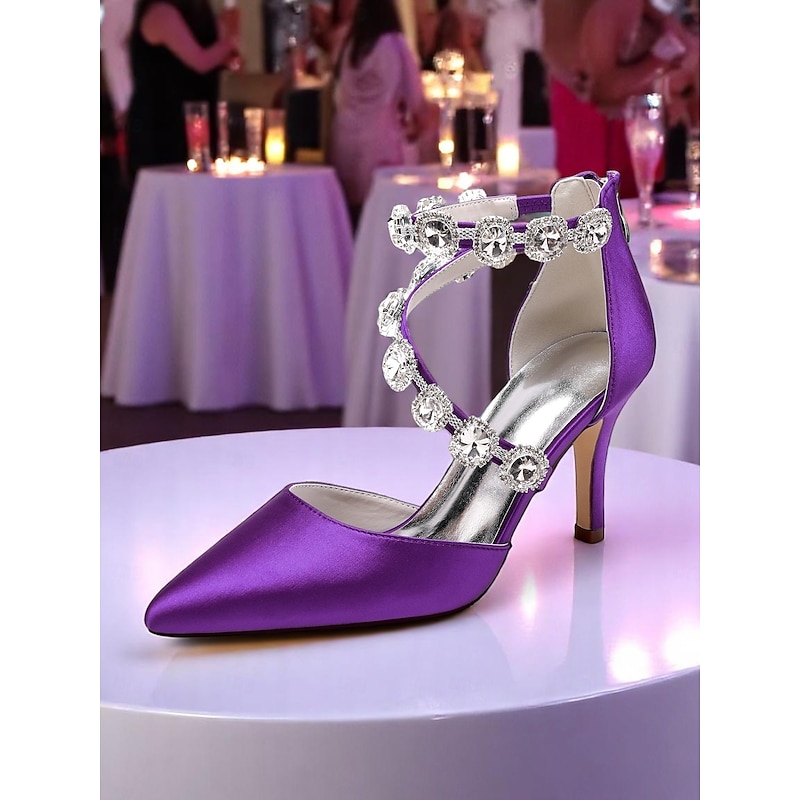 Women's Purple Satin Stiletto Heels with Crystal Ankle Straps – Glamorous Pointed Toe Cocktail Party Shoes for Weddings and Formal Events