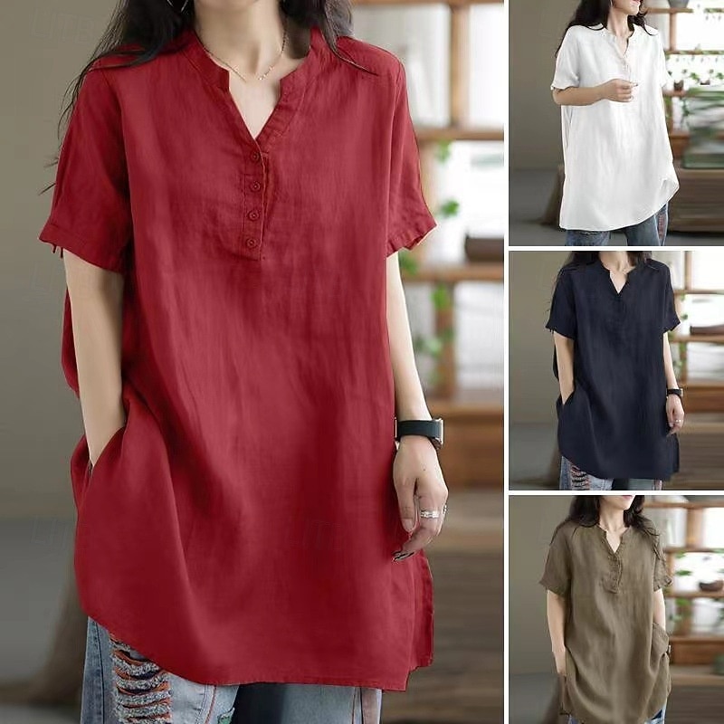 Women's Cotton Linen Shirts Plain Daily Stylish Basic Short Sleeve V Neck Regular Tops Work Daily Holiday Pocket Black Wine Khaki Summer Spring