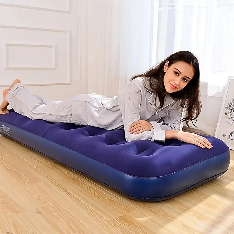 Portable Air Mattress Blue Foldable Outdoor Camping Air Flocking Bed Sleeping Mat - Main Image