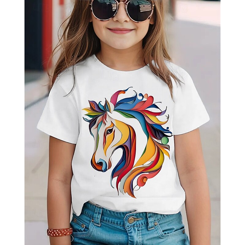 100% Cotton Kids Girls' 1 2 3 Horse T shirt Tee Crew Neck Short Sleeve Outdoor Vacation Daily Classic Casual Print Summer3