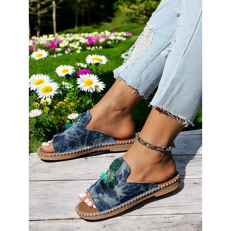 Women's Denim Open-Toe Slide Sandals with Green Beads – Boho Summer Shoes for Summer Casual Wear and Beach Style4