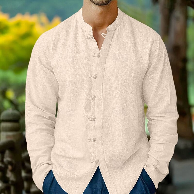 Men's Shirt Linen Shirt Summer Shirt Casual Shirt Beach Shirt Button Up Shirt Plain Vacation Casual Black White Navy Blue Khaki Long Sleeve Band Collar Spring & Summer Clothing Apparel2