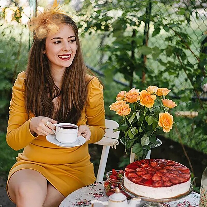 Women's Feather Mesh Flower Fascinator Hats for Women Wedding Tea Party Kentucky Derby Church with Headband and Clip4