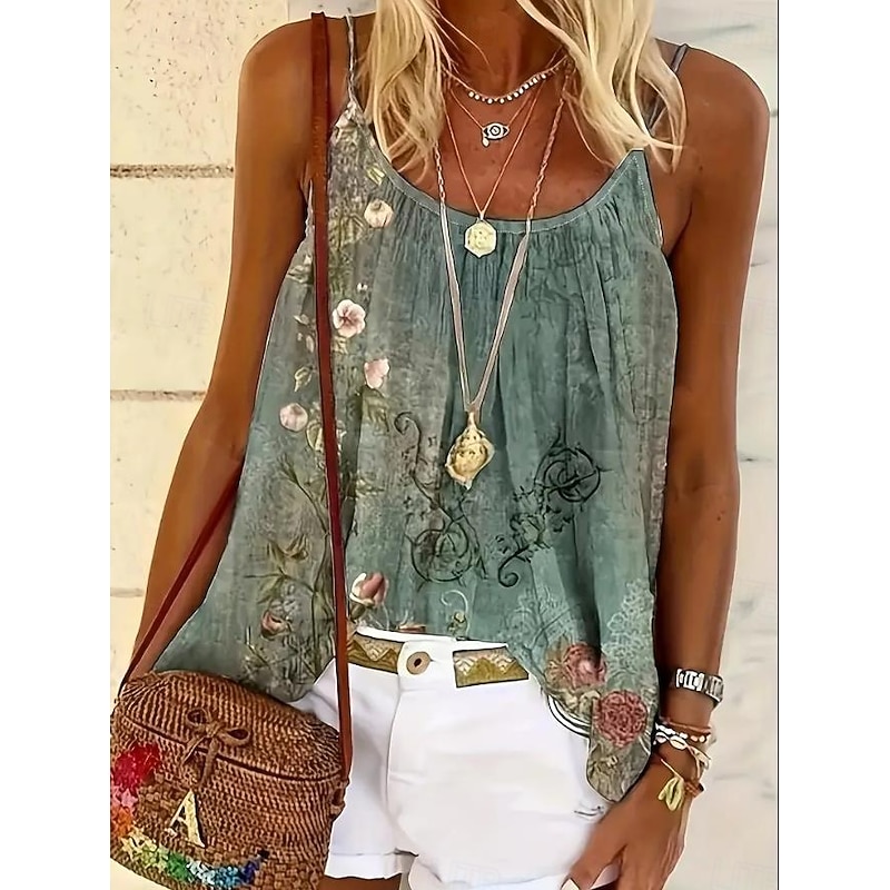 Women's Blouse Floral Graphic Bohemia Daily Hawaiian Sleeveless Strap Regular Tops Daily Print Backless Pink Blue Green Gray Summer Spring