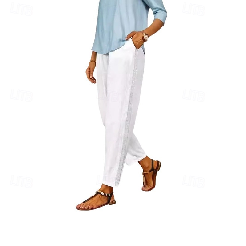 Women's Cotton Linen Pants Slacks Casual Full Length Natural Plain Pocket Elastic Waist Comfy Outdoor Comfortable Holiday Going out Camel Black White Blue Summer Regular Fit