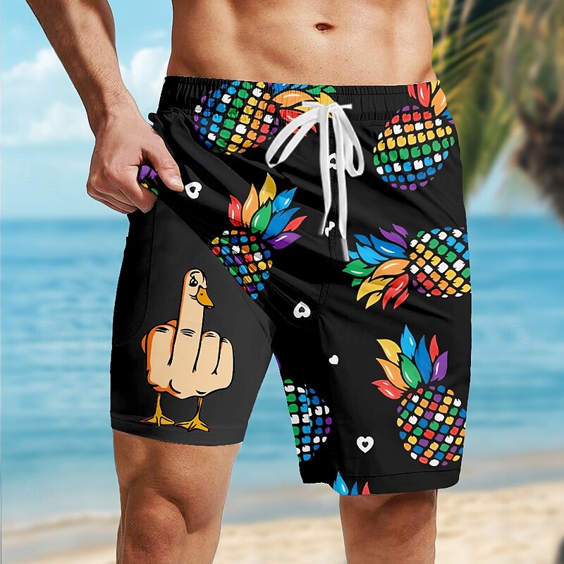 Men's Pineapple Funny Duck Lined Shorts 2 in 1 Board Shorts Swim Shorts Mid Waist Hawaiian Vacation Holiday Beach Wear Side Pockets With Compression Liner Elastic Drawstring Waist Designer Clothing