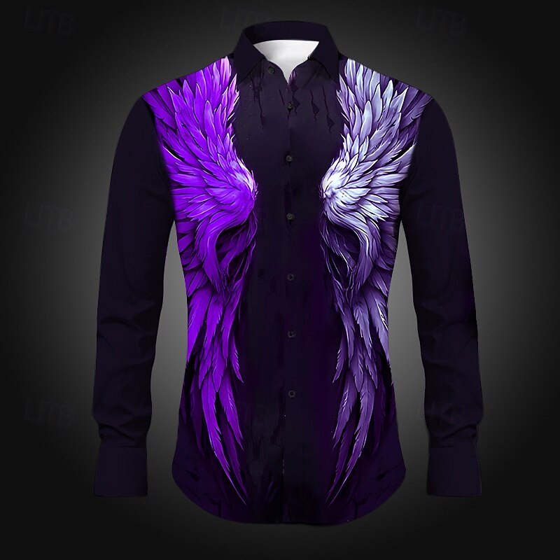 Men's Wings Shirt Western Shirt Long Sleeve Abstract Gothic Daily Wear Going out Spring & Summer Turndown Print Button-Down Yellow Red Purple3