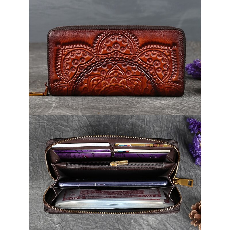 Handmade leather continental wallet with elegant mandala pattern - zip closure, multiple compartments, ideal gift for women on Mother's Day4