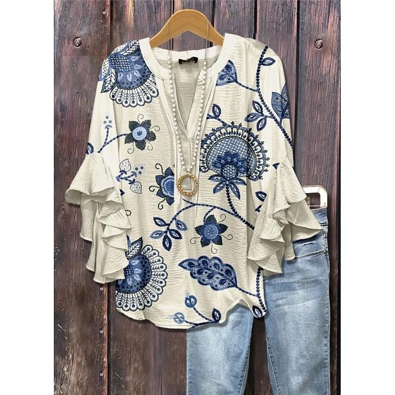 Women's Blouse V Neck Layered Ruffle Sleeve Tops Floral Graphic Paisley Daily Stylish Casual 3/4 Length Sleeve Regular Tops Daily Holiday Vacation Wear Print Purple Green Beige Light Blue Summer4