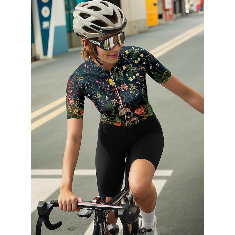 Women's Cycling Jersey Graphic Floral Botanical Vintage Short Sleeve Bike Jersey Top with 3 Rear Pockets Sunscreen UV Resistant Quick Dry Reflective Strips Sports Dark Green Clothing Apparel