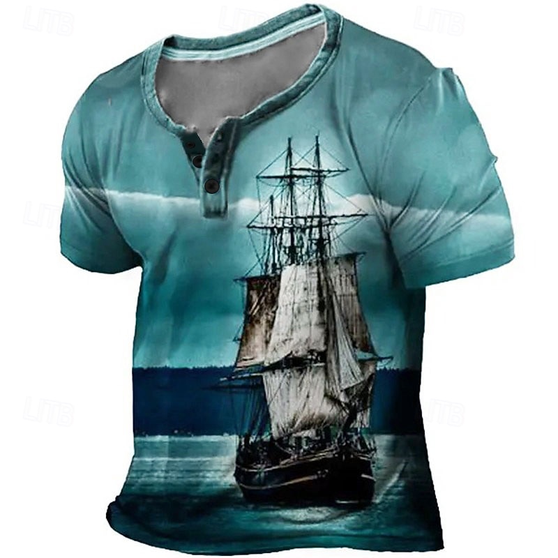 Sailboat T-Shirt Mens Graphic 3D For Vacation | Blue Summer Cotton Fashion Designer Comfortable Print Henley Tee Outdoor Casual Daily Day Pirate3